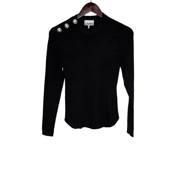 Ganni Long Sleeve Ribbed Sweater Womens Medium Black Crystal Button Shoulder - Picture 2 of 10